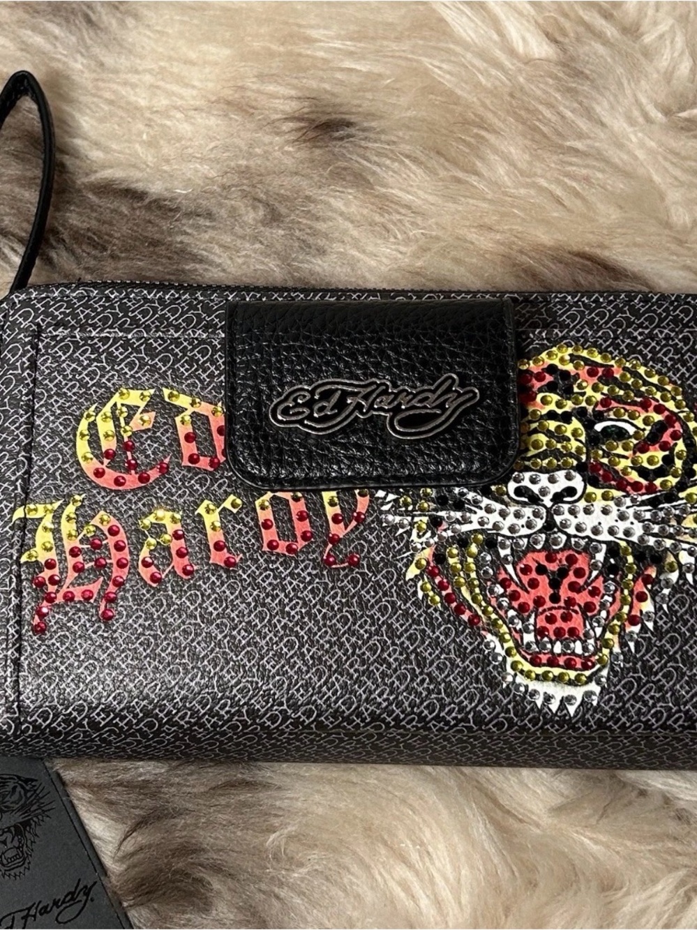 Ed Hardy Black Wristlet Wallet with Multicolor Studded Tiger